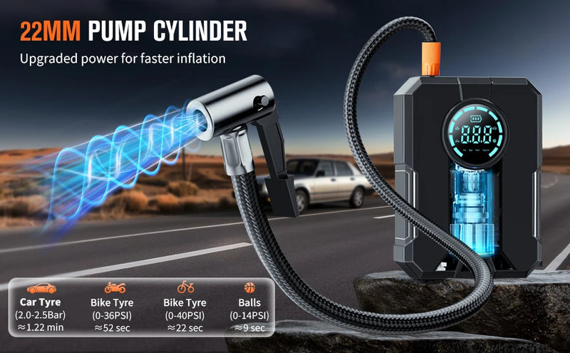 Compressor de Ar Portátil 3 em 1 - Power Bank 12.000mAh + Lanterna + Partida Veicular