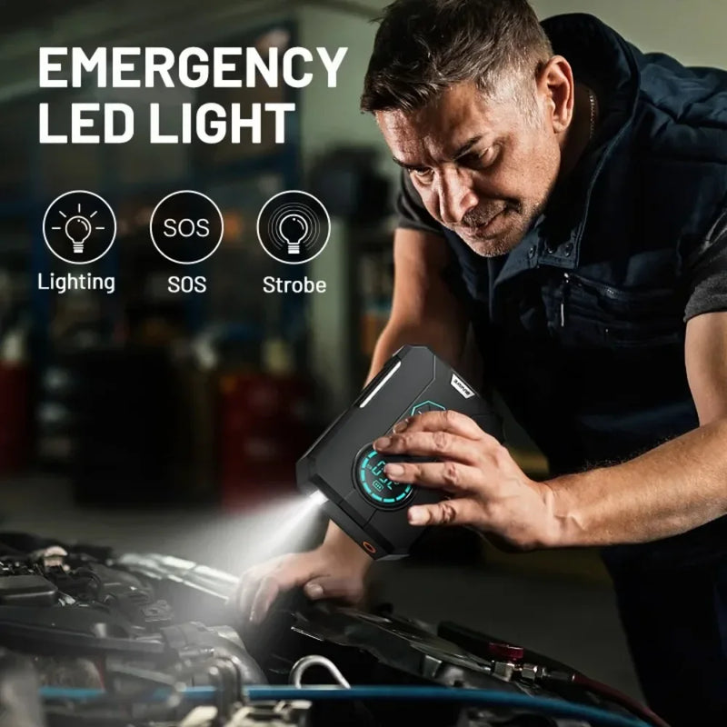 Compressor de Ar Portátil 3 em 1 - Power Bank 12.000mAh + Lanterna + Partida Veicular