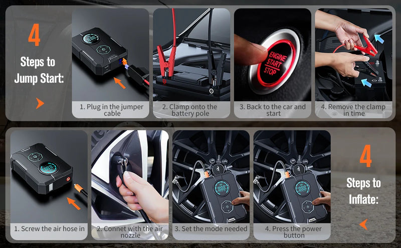 Compressor de Ar Portátil 3 em 1 - Power Bank 12.000mAh + Lanterna + Partida Veicular