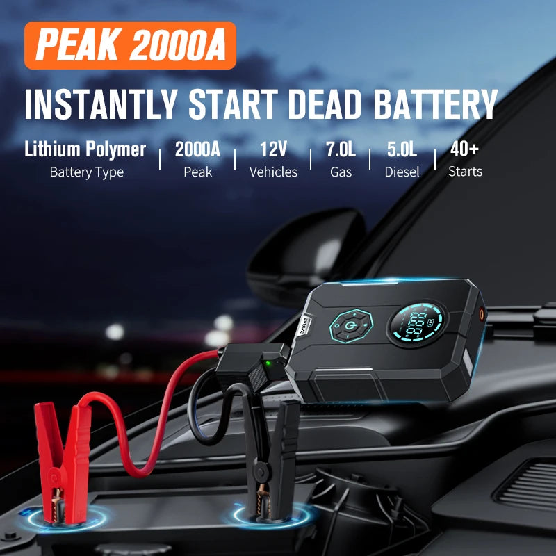 Compressor de Ar Portátil 3 em 1 - Power Bank 12.000mAh + Lanterna + Partida Veicular