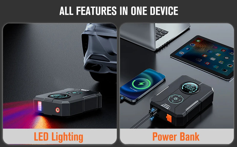 Compressor de Ar Portátil 3 em 1 - Power Bank 12.000mAh + Lanterna + Partida Veicular