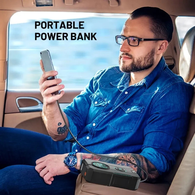 Compressor de Ar Portátil 3 em 1 - Power Bank 12.000mAh + Lanterna + Partida Veicular