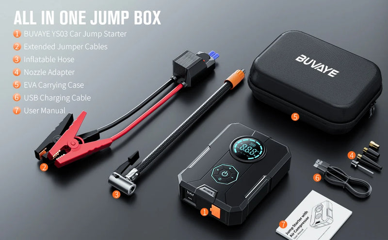 Compressor de Ar Portátil 3 em 1 - Power Bank 12.000mAh + Lanterna + Partida Veicular